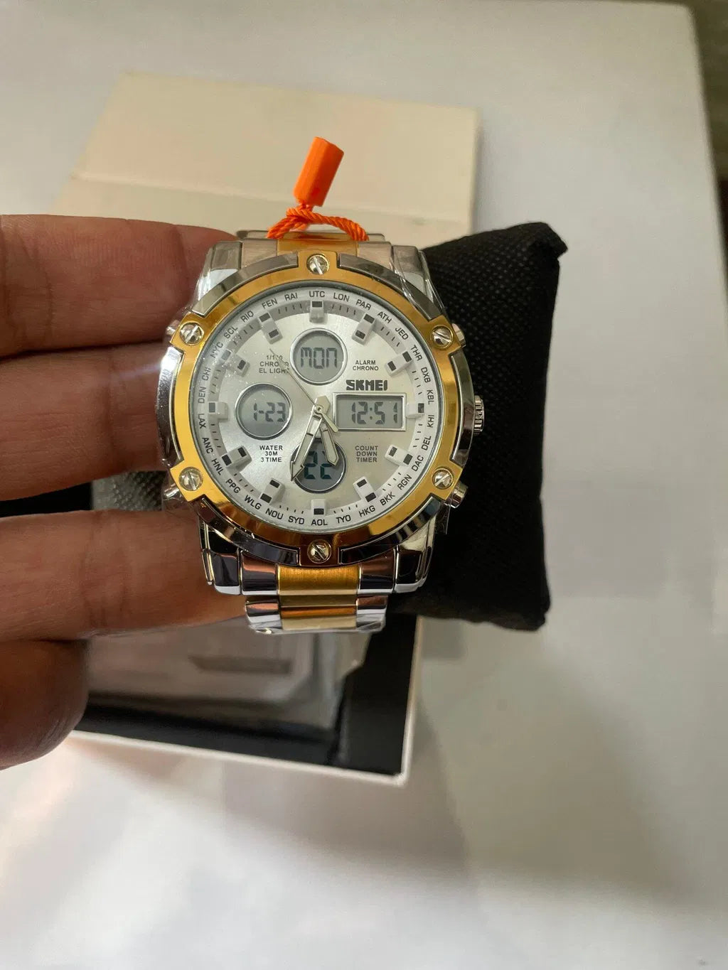 SKMEI 1389 Men’s Digital Analog Business Watch – Two-Tone Gold & Silver Stainless Steel Chronograph with Matte White Dial - without box