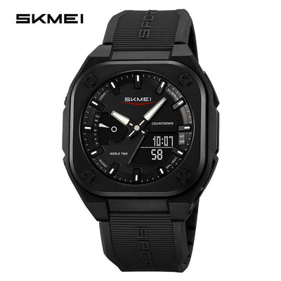 SKMEI Original Men's World Timer Watch – Premium Analog-Digital Sports Chronograph with Heavy-Duty Silicone Strap - Black
