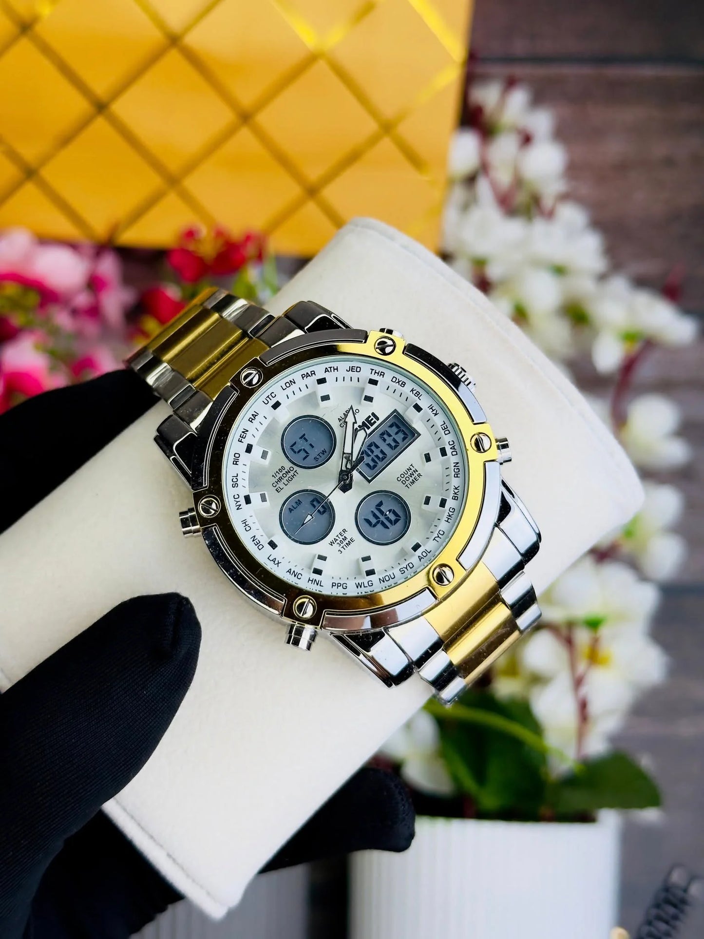 SKMEI 1389 Men’s Digital Analog Business Watch – Two-Tone Gold & Silver Stainless Steel Chronograph with Matte White Dial - without box